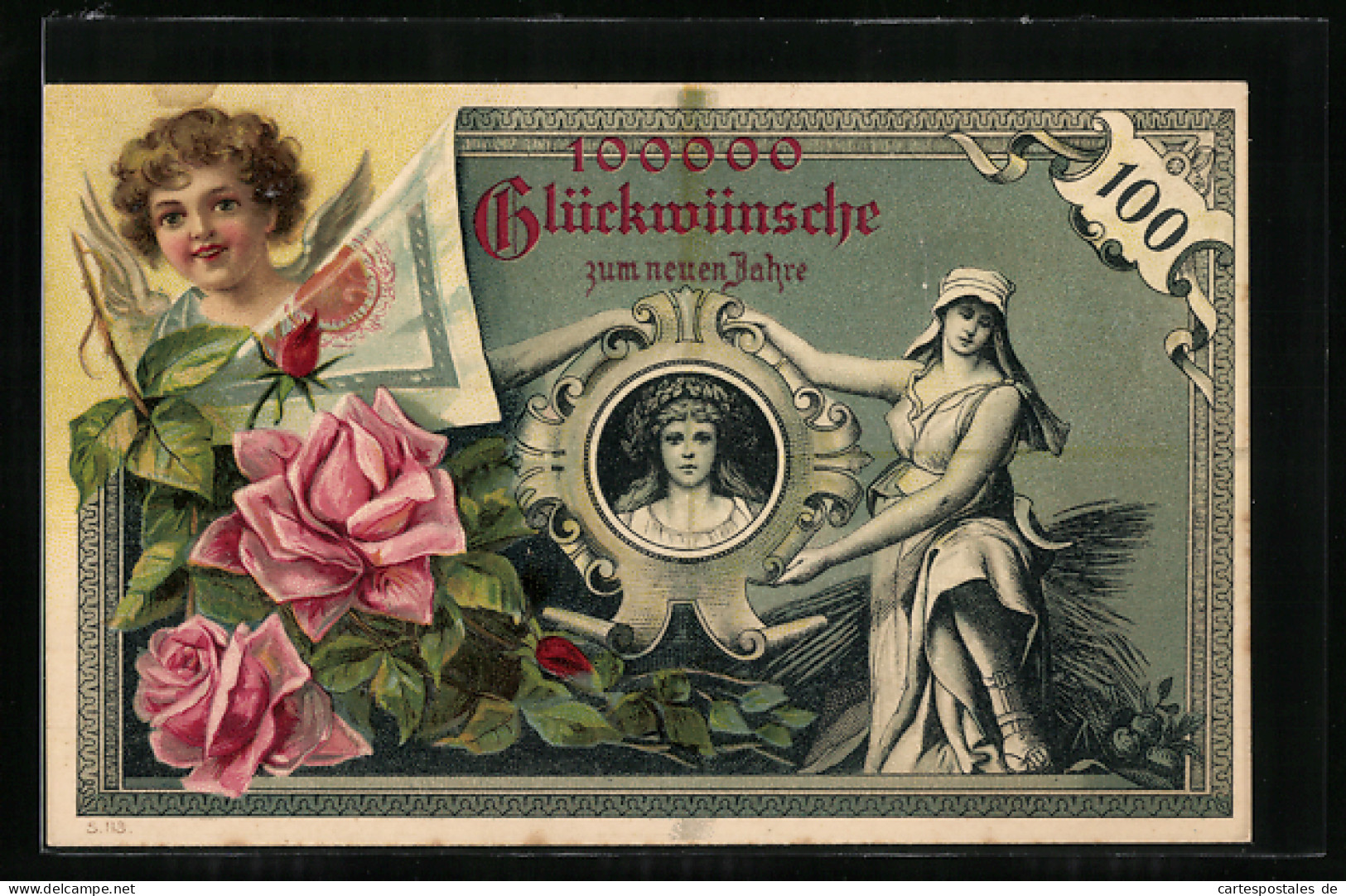 Lithographie Geldmünzen, Putto, Rosen, Porträt, 100000 Glückwünsche  - Monnaies (représentations)