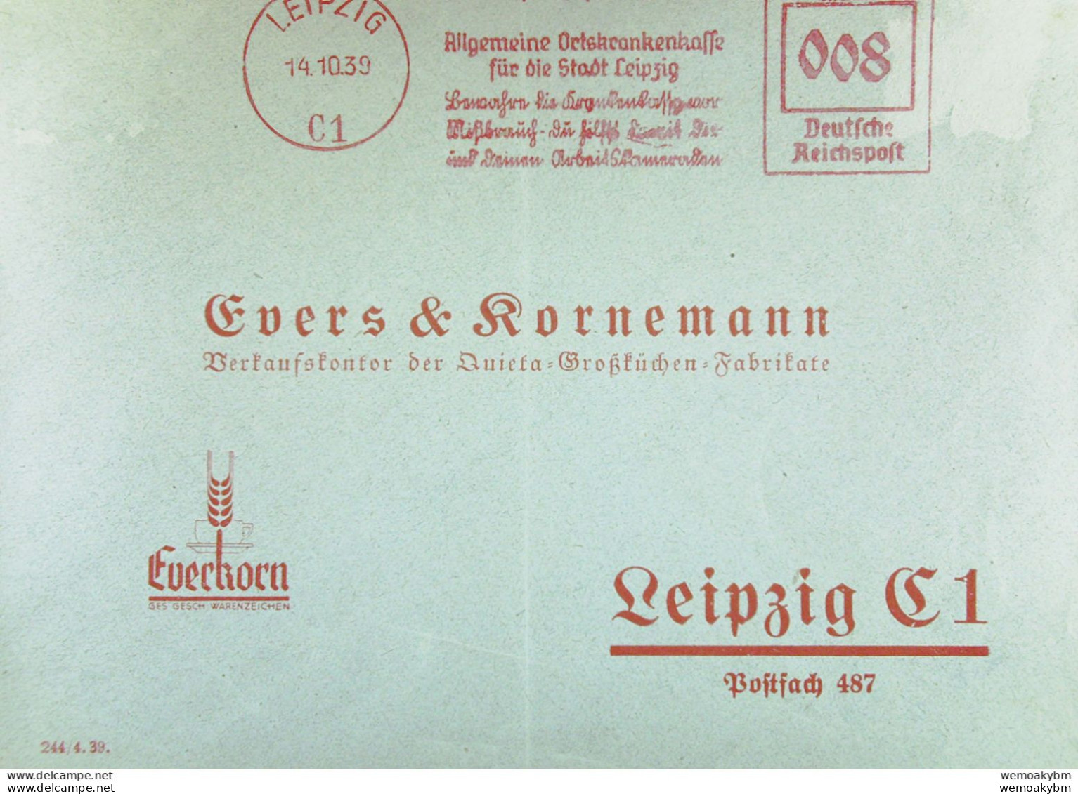 DR: Brief Mit AFS Deutsche Reichspost =008= LEIPZIG 14.10.39 "Allgemeine Ortskrankenkasse Für Die Stadt Leipzig ...." - Macchine Per Obliterare (EMA)