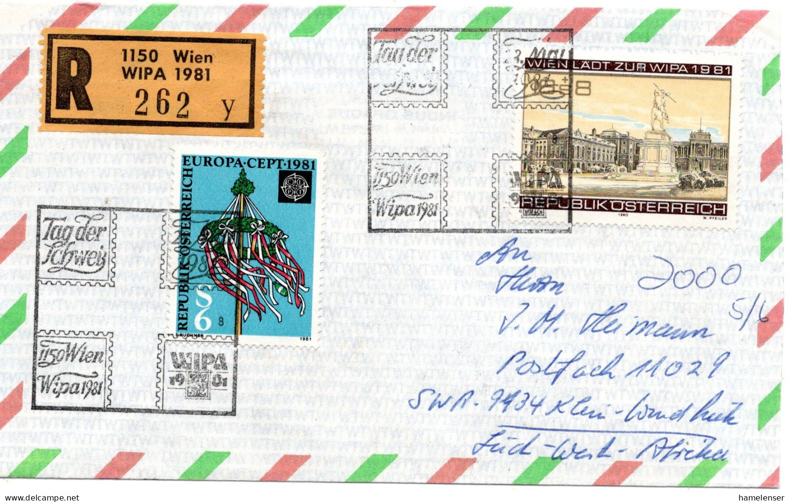 77156 - Österreich - 1981 - 16S WIPA MiF A R-LpBf SoStpl WIEN - WIPA TAG DER SCHWEIZ -> KLEIN-WINDHOEK (Suedwestafrika) - Storia Postale