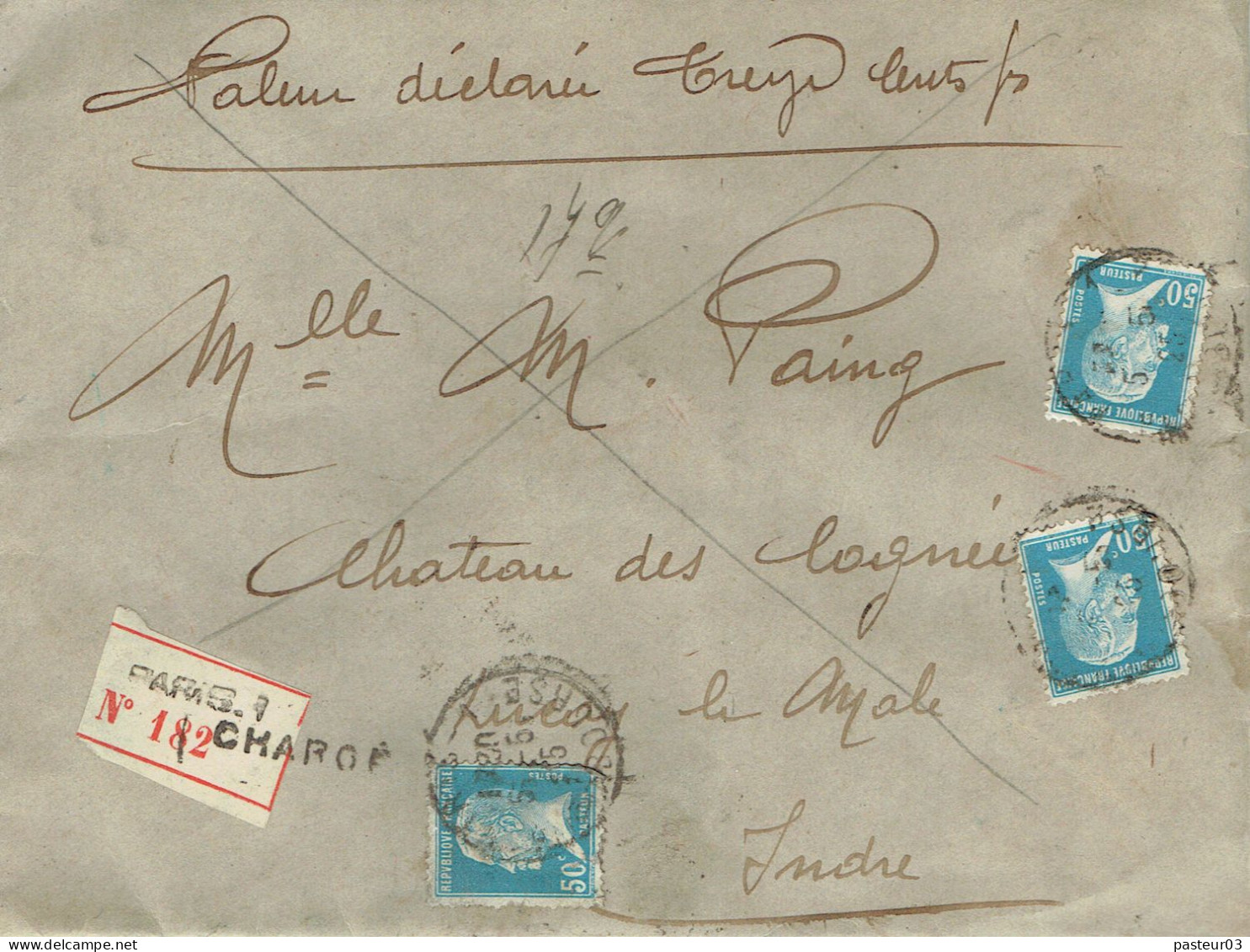 Tarifs Postaux France Du 25-03-1924 (32) Pasteur N° 176 50 C. X 3 LR Chargée 1er 05-05-1925 - 1922-26 Pasteur