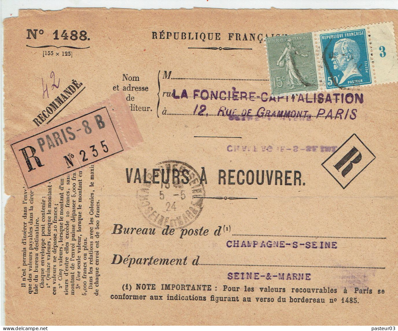 Tarifs Postaux France Du 25-03-1924 (37) Pasteur N° 176 50 C. Mill 3 + 15 C. Semeuse  VAR 05-05-1924 - 1922-26 Pasteur
