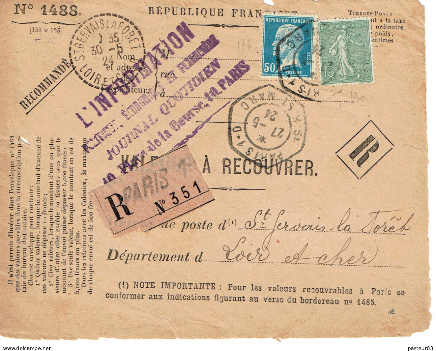 Tarifs Postaux France Du 25-03-1924 (38) Pasteur N° 176 50 C.  + 15 C. Semeuse  VAR 27-05-1924 - 1922-26 Pasteur