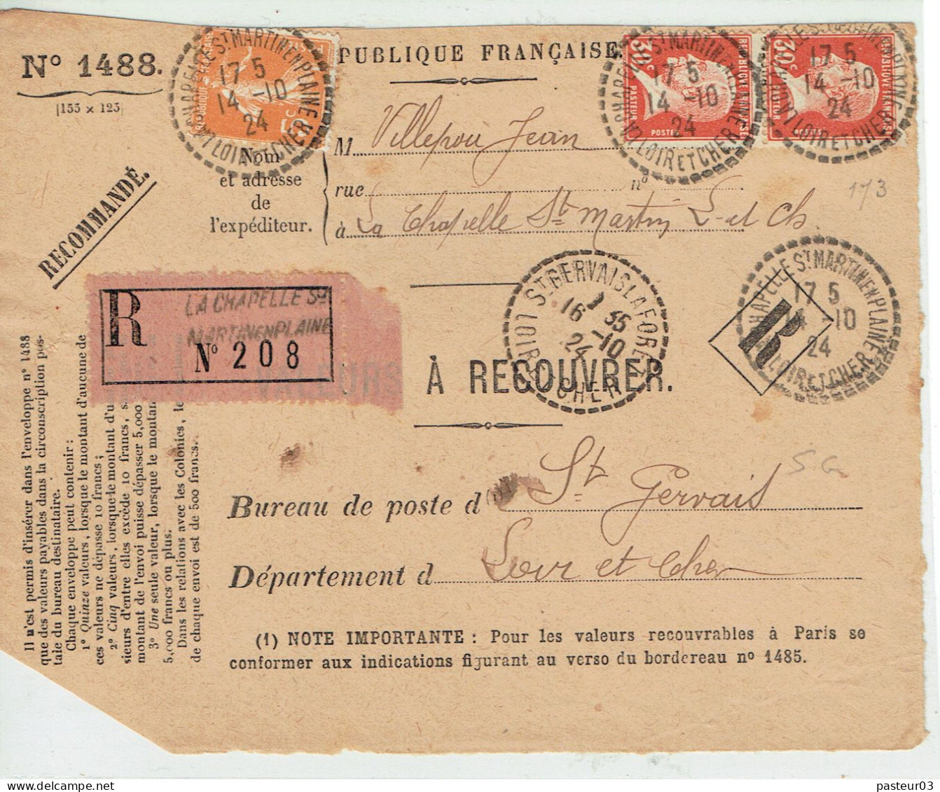 Tarifs Postaux France Du 25-03-1924 (42) Pasteur N° 173 30 C. X 2 + 5 C. Semeuse  VAR 14-10-1924 - 1922-26 Pasteur