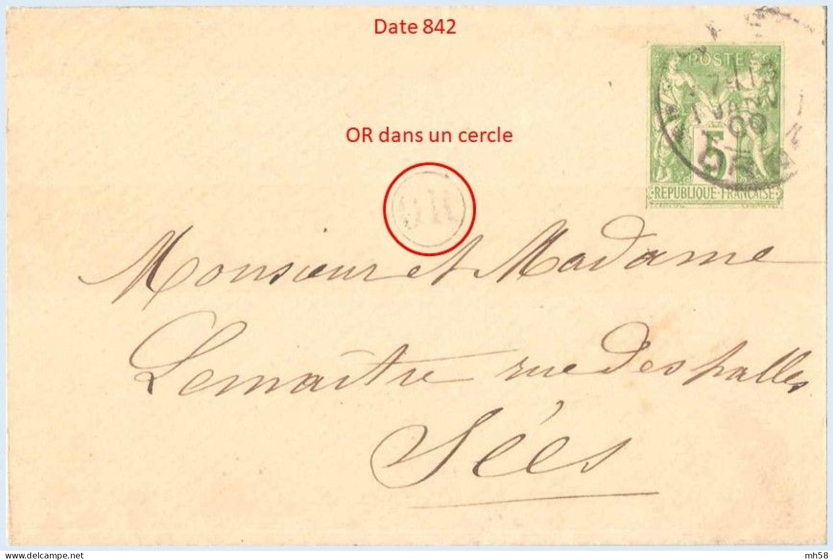 Entier FRANCE - Enveloppe Date 842 Oblitéré - 5c Sage Vert-jaune - Standard Covers & Stamped On Demand (before 1995)