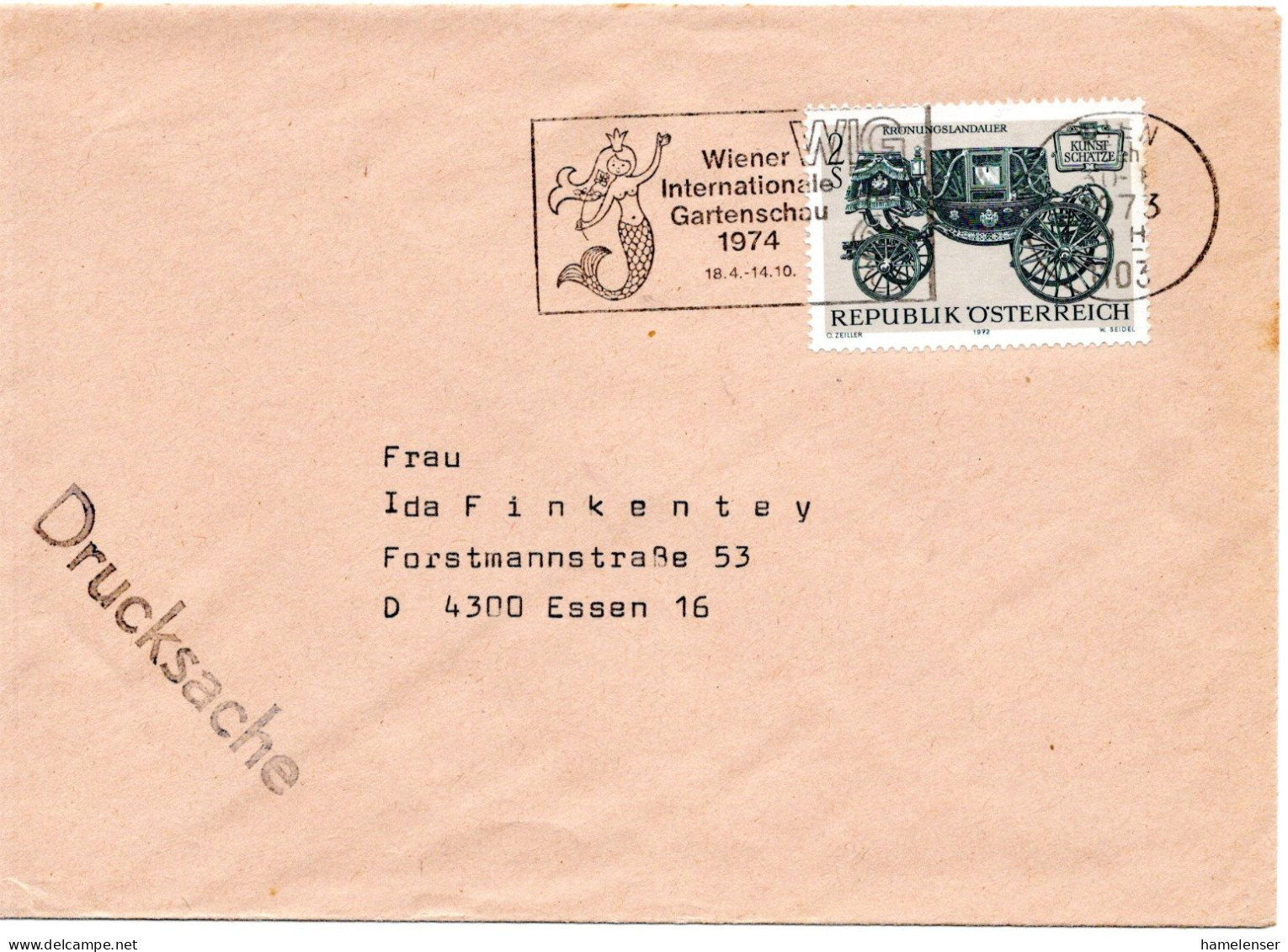 77157 - Österreich - 1973 - 2S Kutsche EF A DrucksBf WIEN - WIG ... 1974 -> Westdeutschland - Lettres & Documents