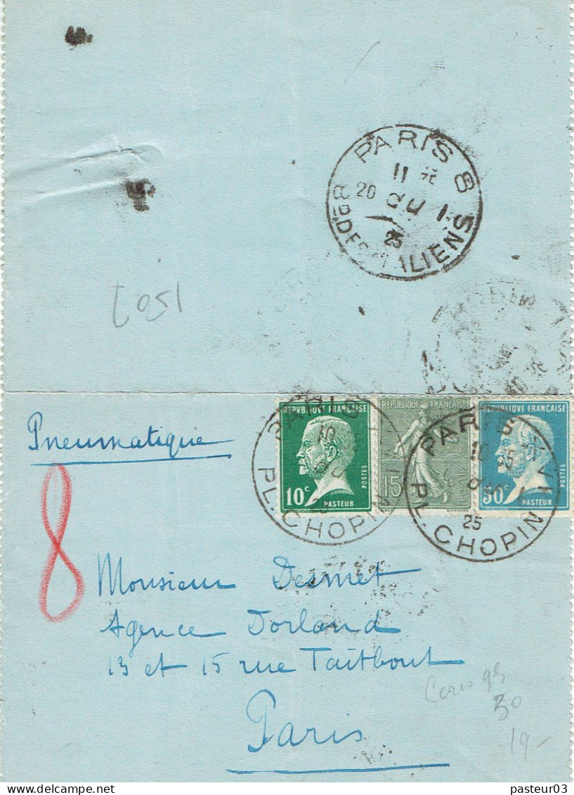 Tarifs Postaux France Du 25-03-1924 (66)Pasteur N° 176 50 C. + N° 170 10 C. Pasteur 15 C. Semeuse  Pneumat 7 G. 20-01-25 - 1922-26 Pasteur