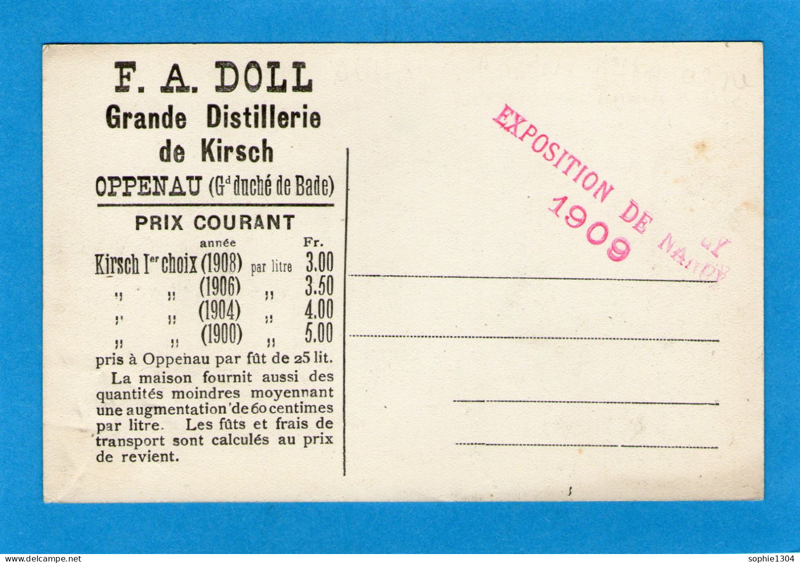 F.A DOLL - Grande Distillerie De Kirsch - OPPENAU - Exposition De Nancy 1909 - Oppenau