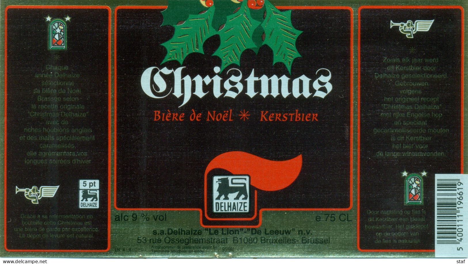Oud Etiket Bier Christmas 75 Cl. - Gebrouwd - Brassée Voor Delhaize - Cerveza