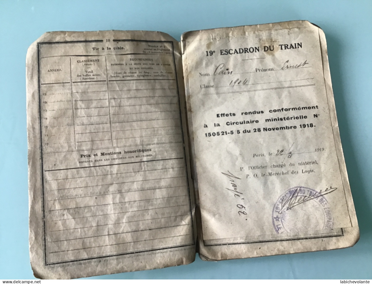 Titre De Congé Illimité De Démobilisation 1919 - Dokumente