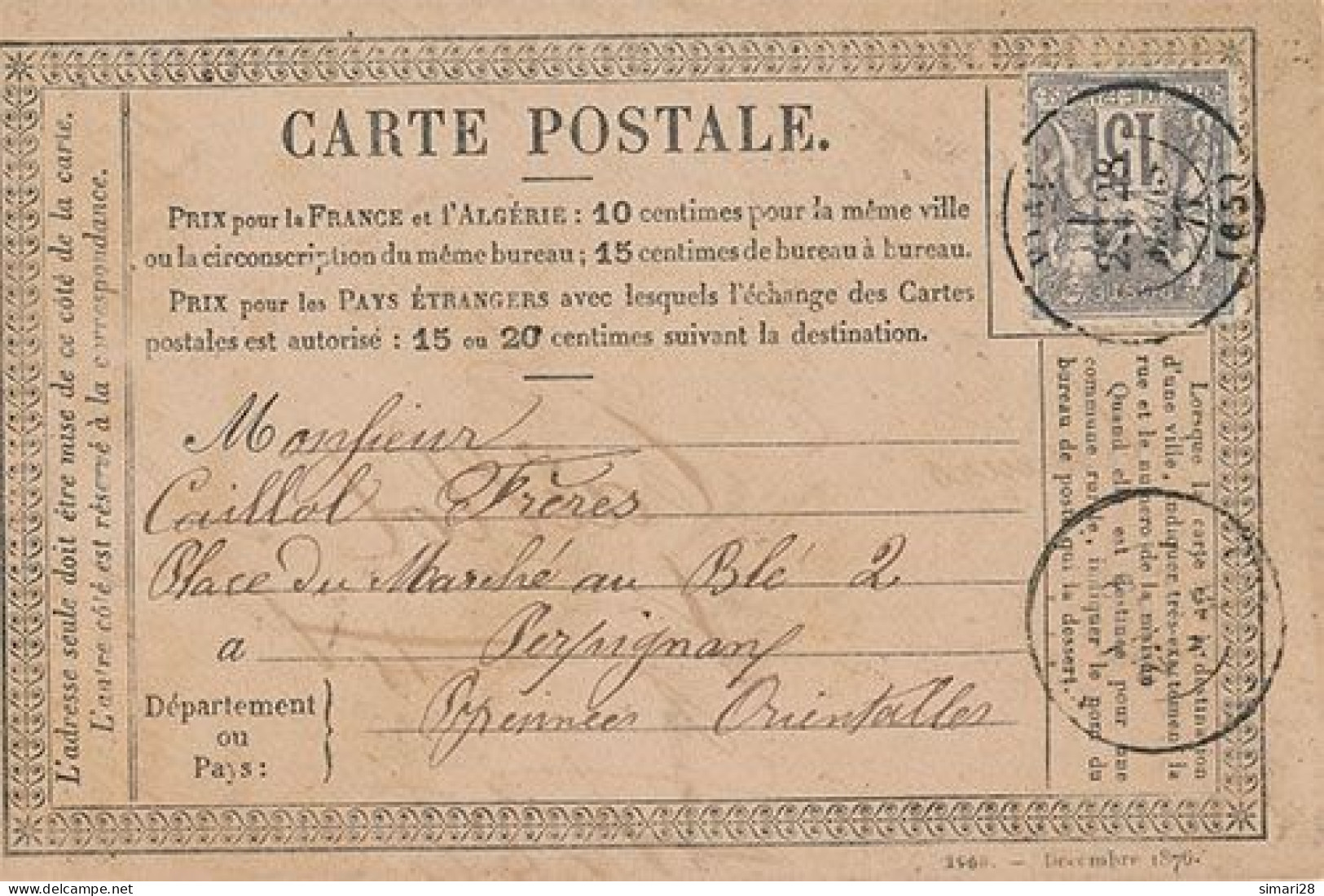 FRANCE - CARTE POSTALE A 15 C DEPART VINCA SAGE TYPE 1 - 1876-1878 Sage (Type I)
