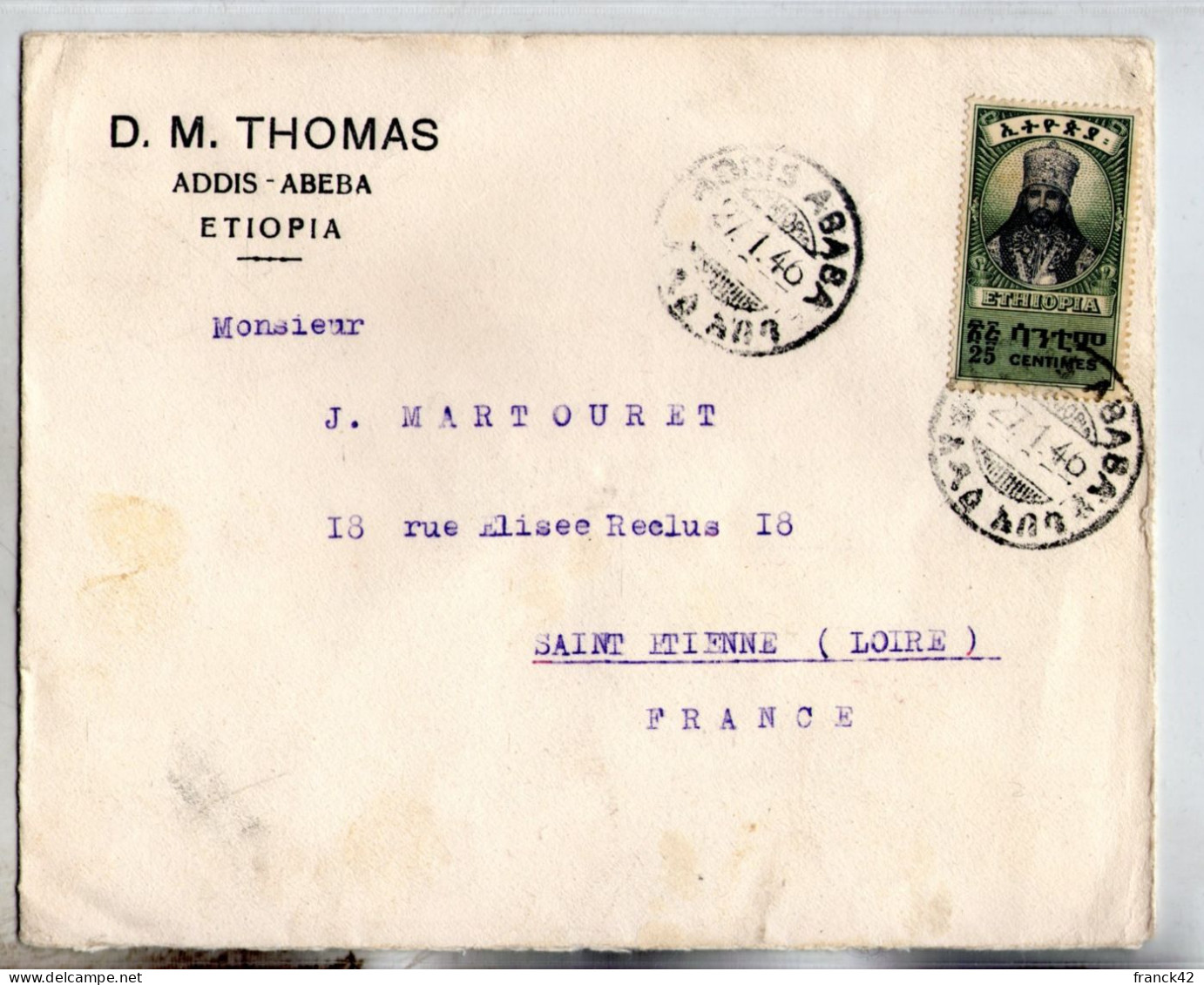 Ethiopie. Enveloppe. DM Thomas Addis Abeba Pour Saint Etienne. 1946* - Äthiopien