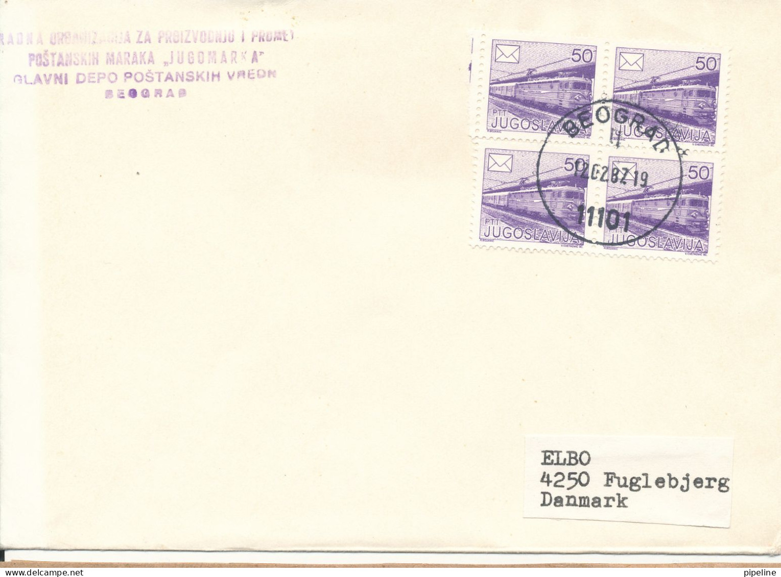 Yugoslavia Cover Sent To Denmark Beograd 12-2-1982 With A Block Of 4 TRAIN - Lettres & Documents