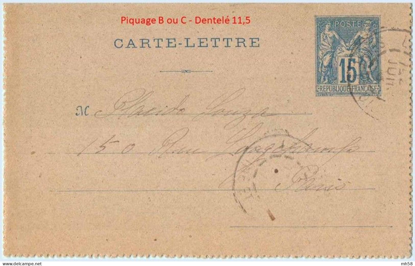 Entier FRANCE - Carte-lettre Dent 11,5 Carton Gris Foncé Oblitéré - 15c Sage Bleu - Letter Cards