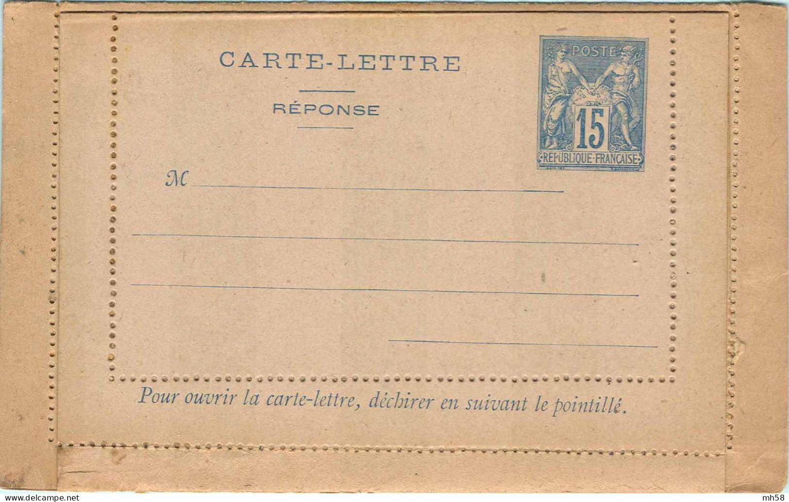 Entier FRANCE - Carte-lettre Réponse Payée Piquage C Carton Gris Neuf - 15c Sage Bleu - Kaartbrieven