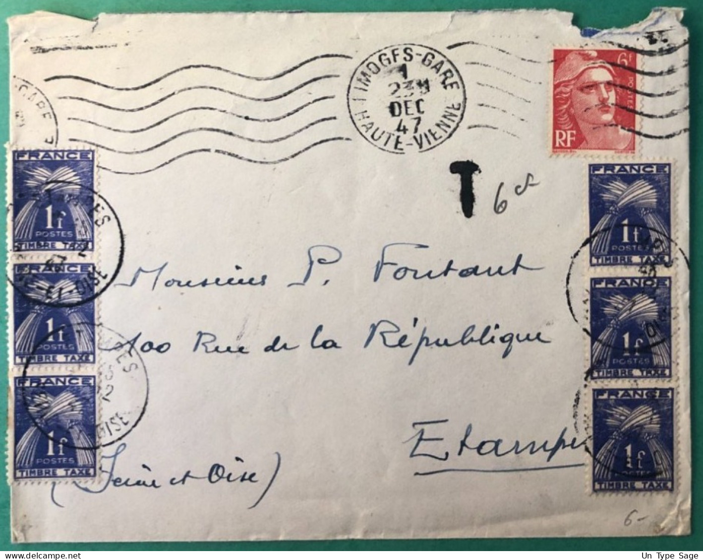 France, Divers TAXE Sur Enveloppe De Limoges 1.12.1947 Pour Etampes - (A1031) - 1859-1959 Covers & Documents