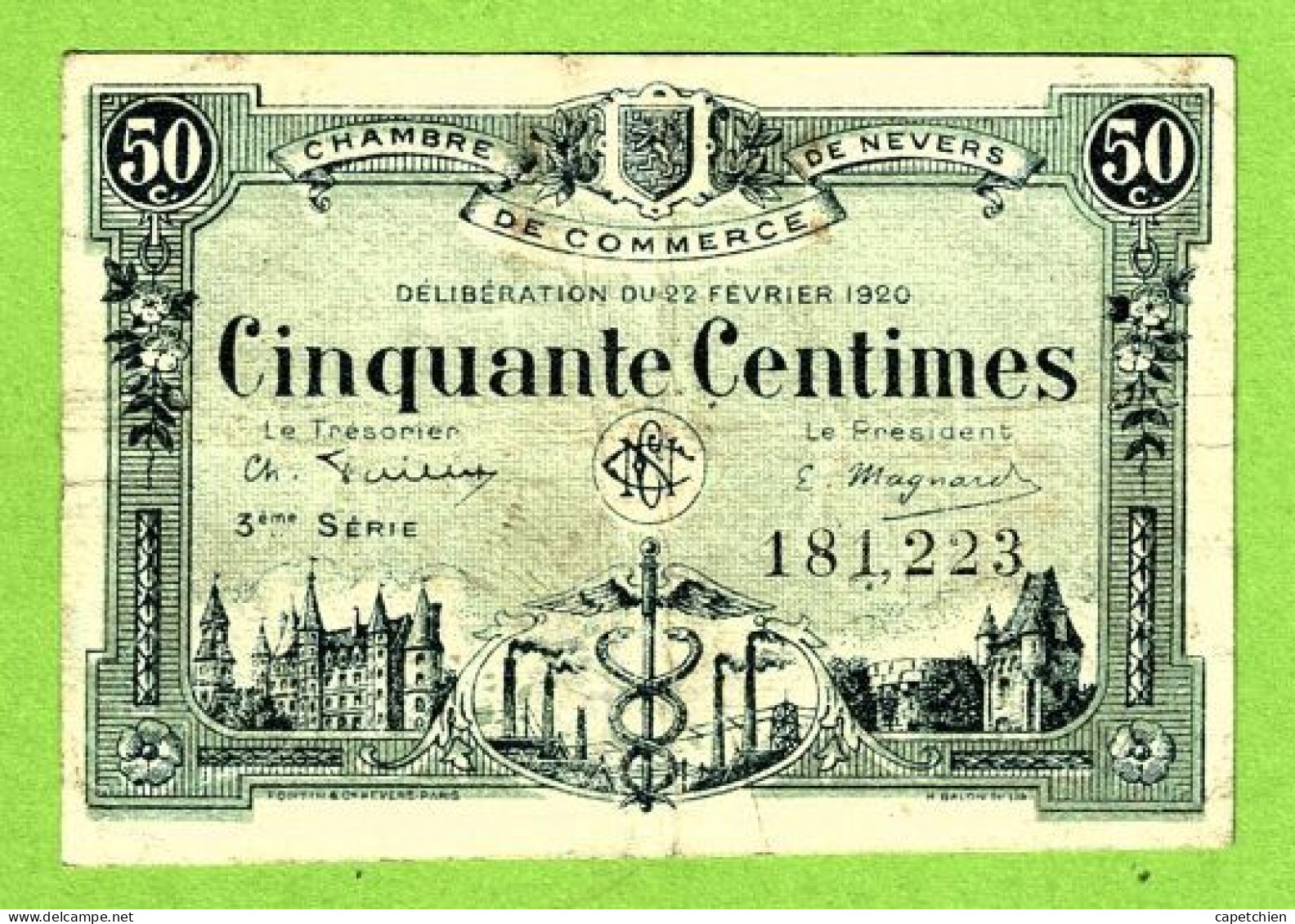 FRANCE /  CHAMBRE De COMMERCE De NEVERS / 50 CENTIMES / 22 FEVRIER 1920  N° 181,223 / 3 ème SERIE - Cámara De Comercio
