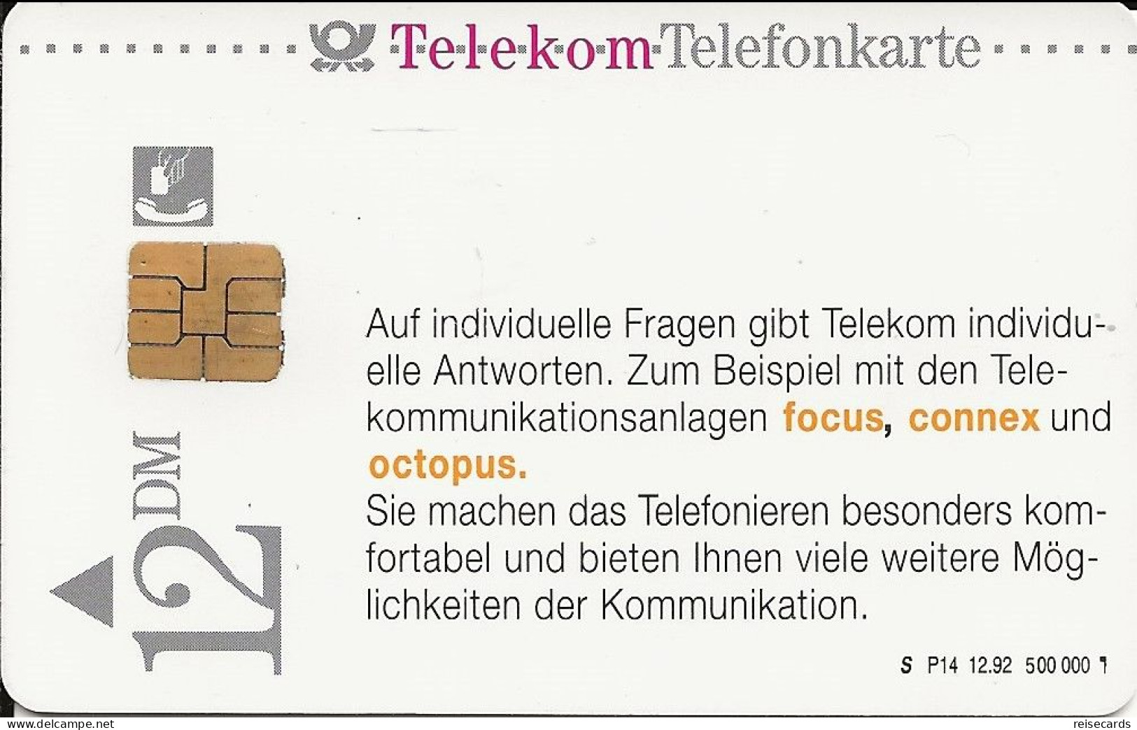 Germany: Telekom P 14.12.92 Focus, Connex, Octopus Telefonanlagen - P & PD-Series: Schalterkarten Der Dt. Telekom
