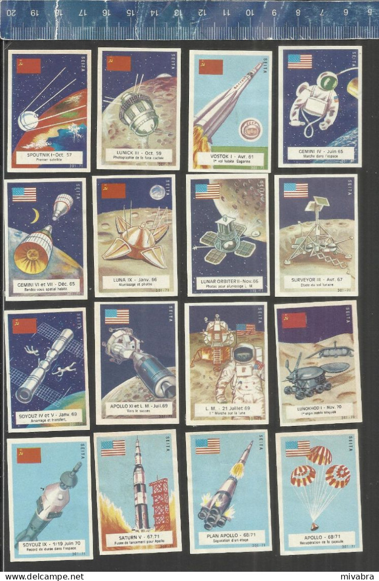 ESPACE SPACE SPUTNIK APOLLO GEMINI SOYOUS VOSTOK SATURN SURVEYER LUNAR ORBITER ETC....MATCHBOX LABELS FRANCE 1971 - Matchbox Labels