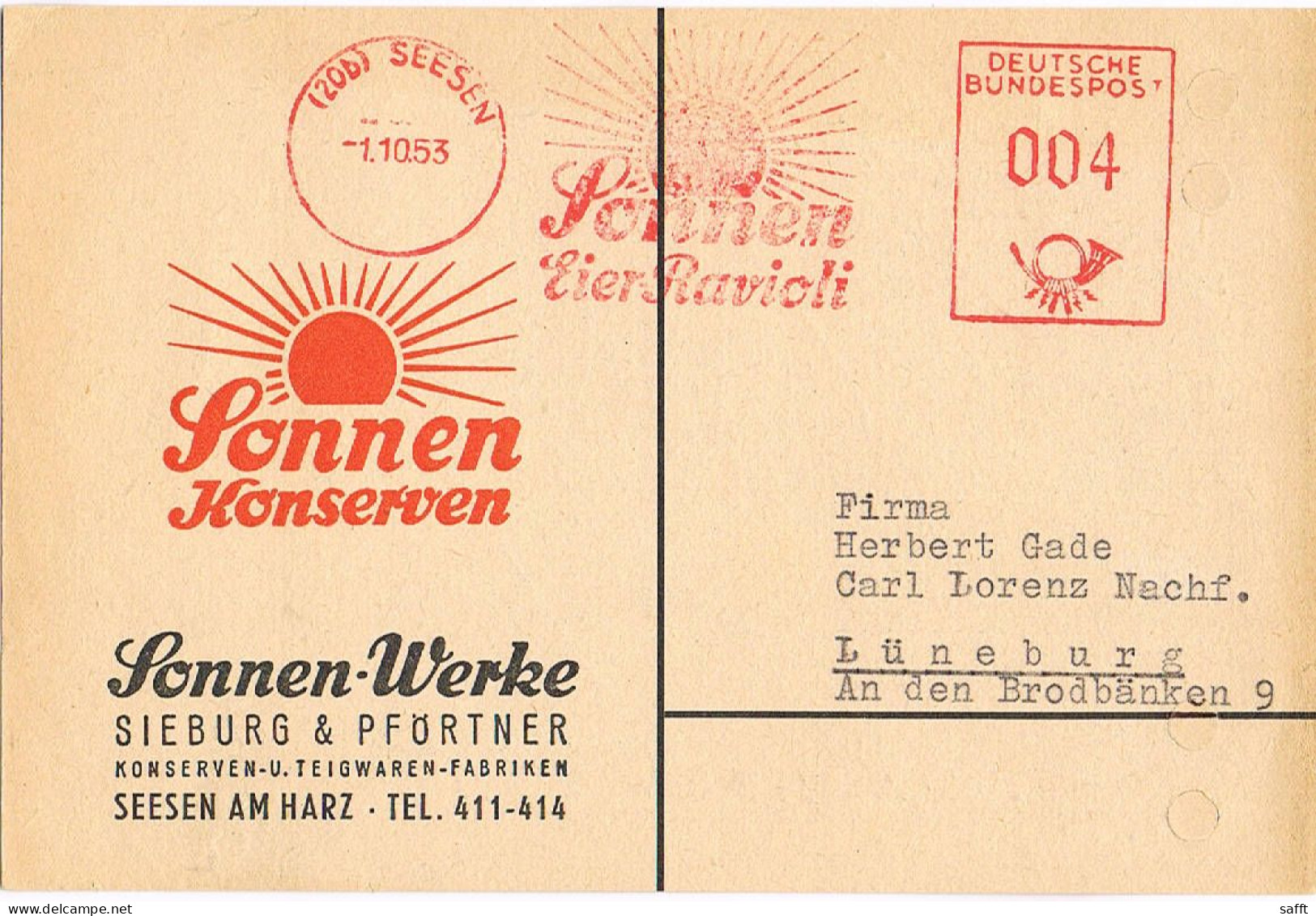 Maschinenfreistempel Konservendosen Sonnenwerke Seesen 1953 - Franking Machines (EMA)