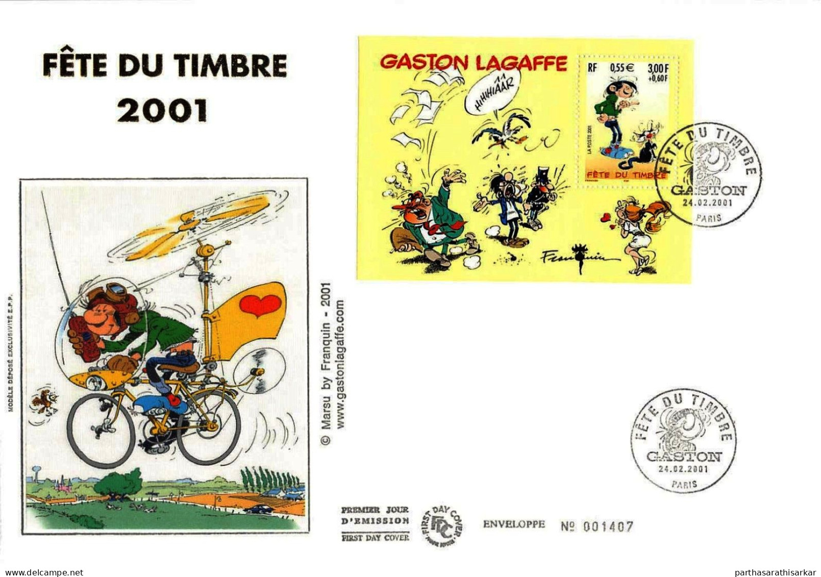 FRANCE 2001 YOUTH PHILATELY GASTON COMICS GOLD PLATED OFFICIAL FIRST DAY COVER USED RARE - Stripsverhalen