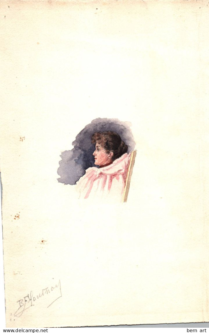 Aquarelle Pochade "Portrait En Médaillon D'une Femme Pensive". Fond D'Atelier Signé B. Flournoy Vers 1900 - Watercolours