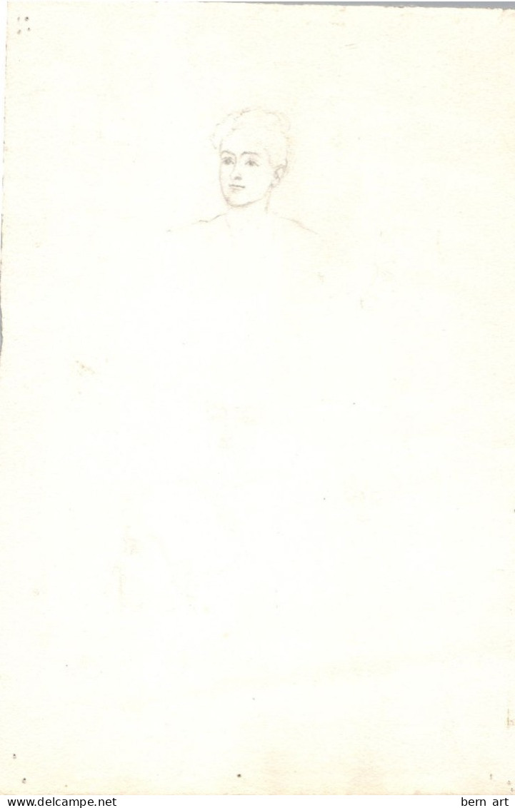 Aquarelle Pochade "Portrait En Médaillon D'une Femme Pensive". Fond D'Atelier Signé B. Flournoy Vers 1900 - Aquarelles