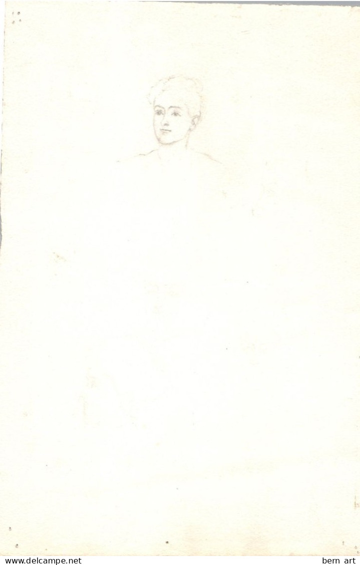 Aquarelle Pochade "Portrait En Médaillon D'une Femme Pensive". Fond D'Atelier Signé B. Flournoy Vers 1900 - Acuarelas