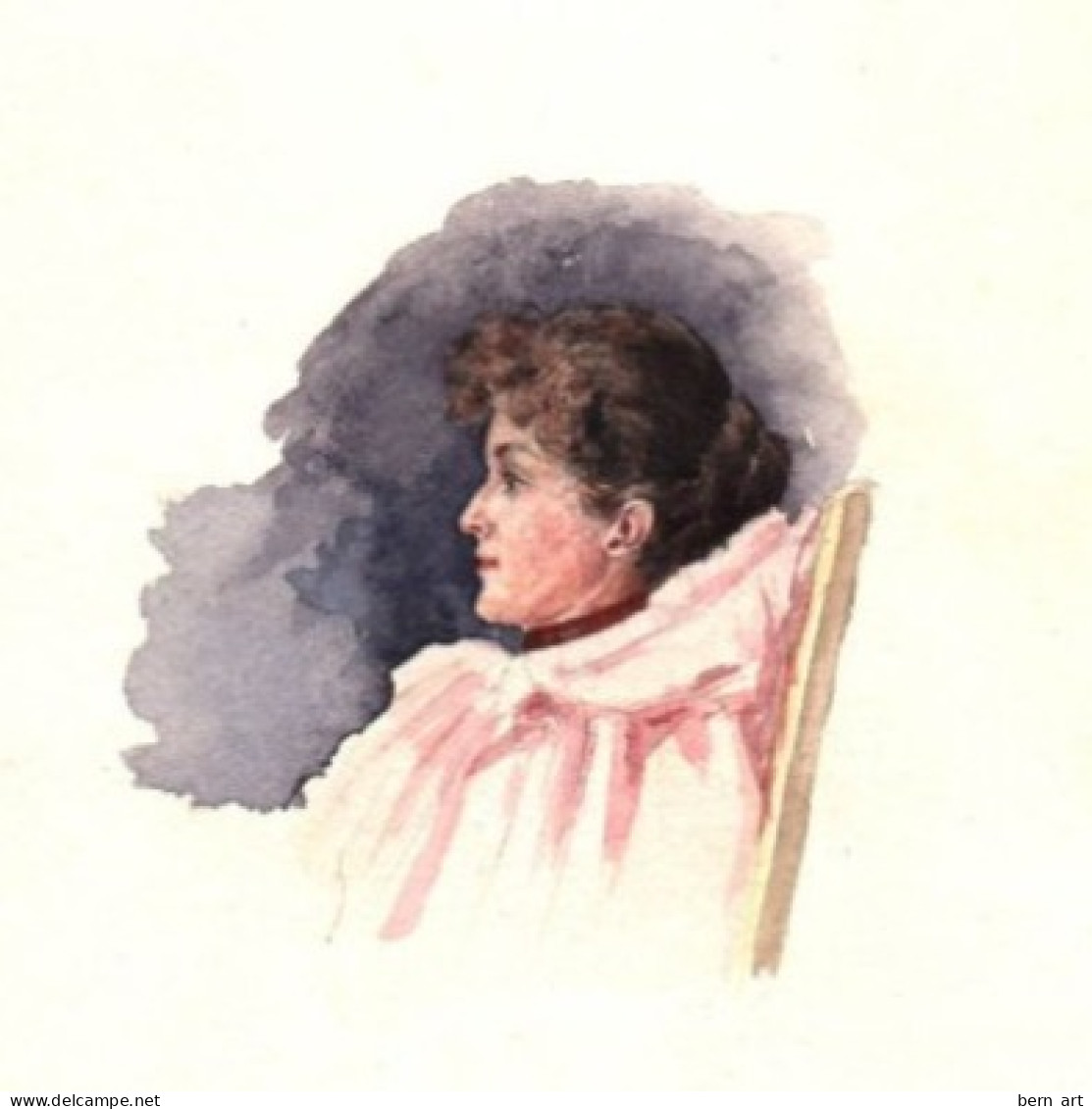 Aquarelle Pochade "Portrait En Médaillon D'une Femme Pensive". Fond D'Atelier Signé B. Flournoy Vers 1900 - Aquarelles