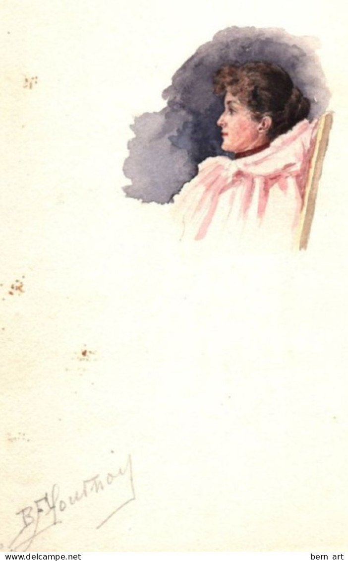 Aquarelle Pochade "Portrait En Médaillon D'une Femme Pensive". Fond D'Atelier Signé B. Flournoy Vers 1900 - Watercolours