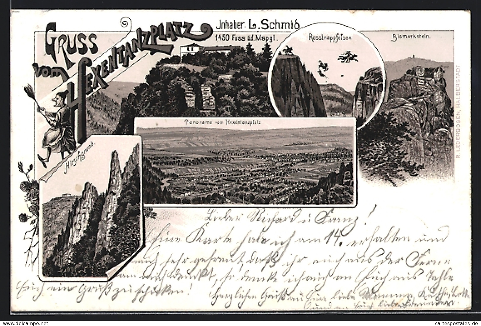 Lithographie Thale, Hirschgrund, Bismarckstein, Rosstrappfelsen  - Thale