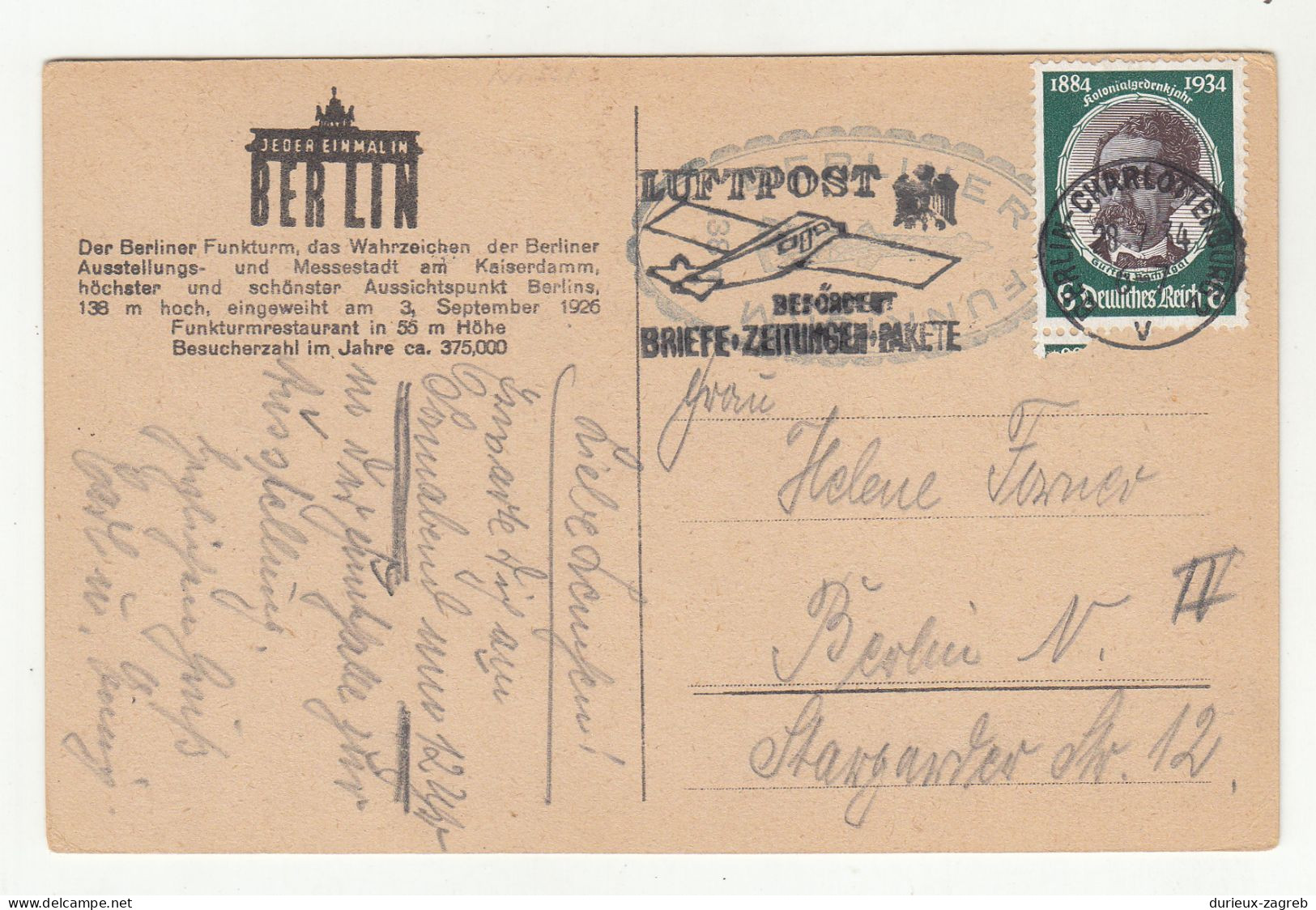 Luftpost Slogan Postmark (airplane) On Der Berliner Funkturm Postcard Posted 1934 Berlin B240401 - Otros (Aire)