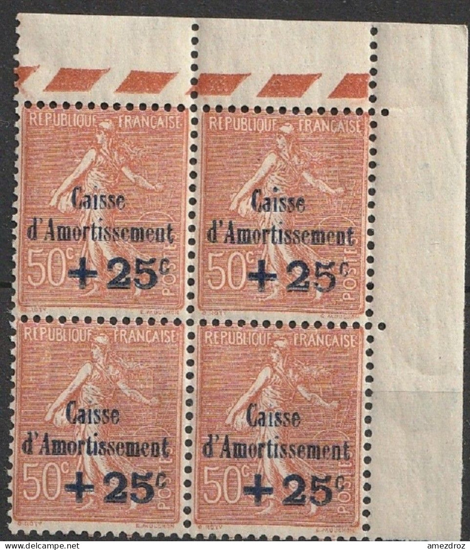 France Semeuse Lignée N° 254 NMH ** Caisse D'amortissement Bloc De Quatre Bord De Feuille (F21) - 1903-60 Säerin, Untergrund Schraffiert