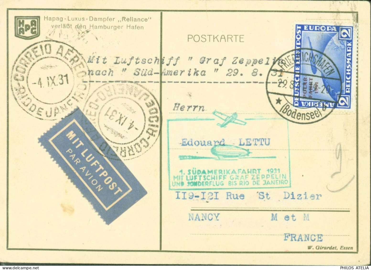 YT N°41 Deutsche Luftpost Amerika Europa Reichsmark Surcharge Polarfahrt 1931 Zeppelin CAD Friedrichshafen 28 8 31 - Poste Aérienne & Zeppelin