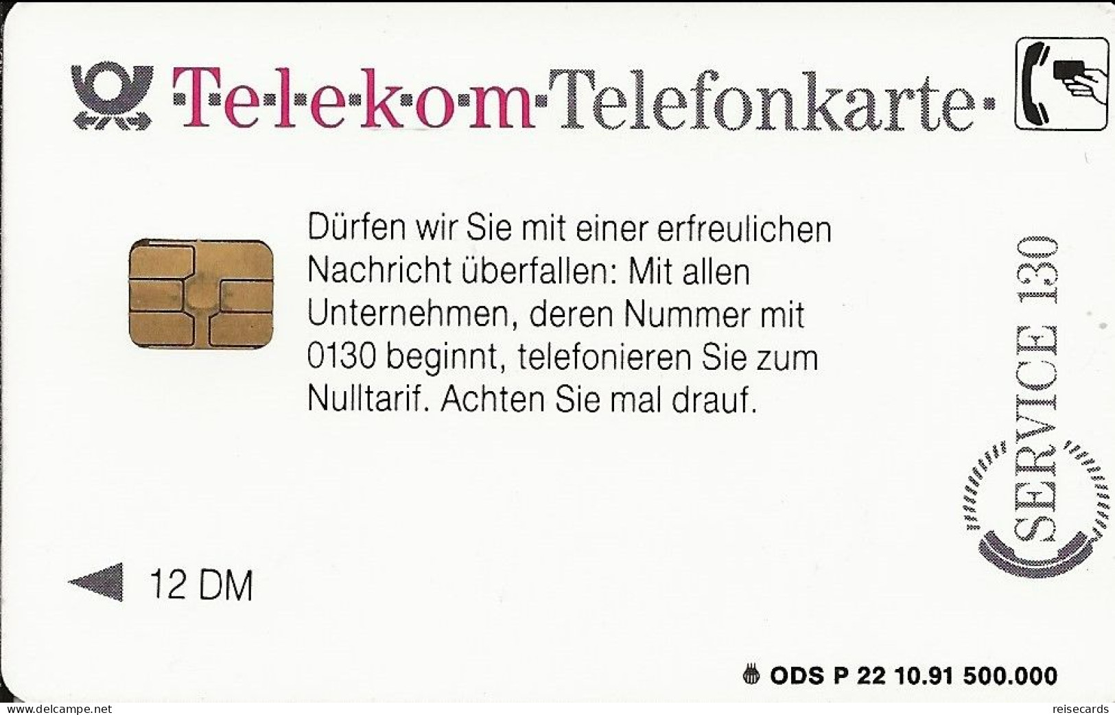 Germany: Telekom P 22 10.91 Service 130, Telefonieren Zum Nulltarif - P & PD-Series: Schalterkarten Der Dt. Telekom