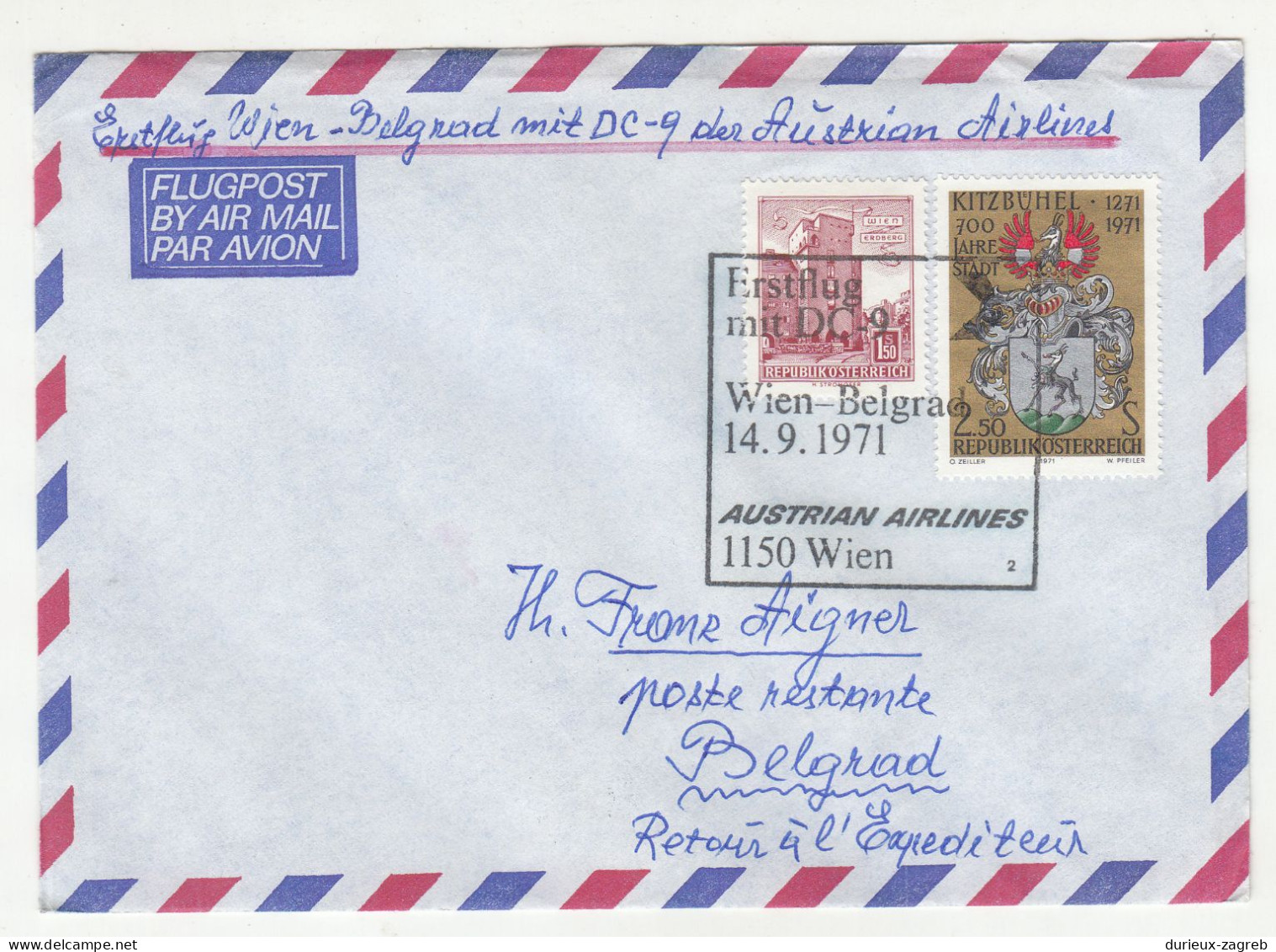 Austria 1971 Austrian Airlines DC-9 Wien Belgrad First Flight Postmark On Cover B240401 - Andere (Lucht)