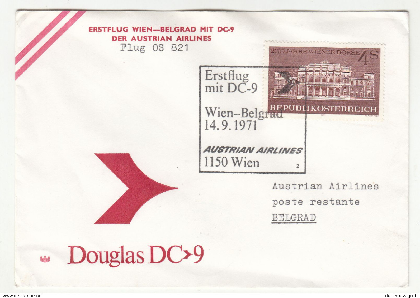 Austria 1971 Austrian Airlines DC-9 Wien Belgrad First Flight Cover B240401 - Altri (Aria)