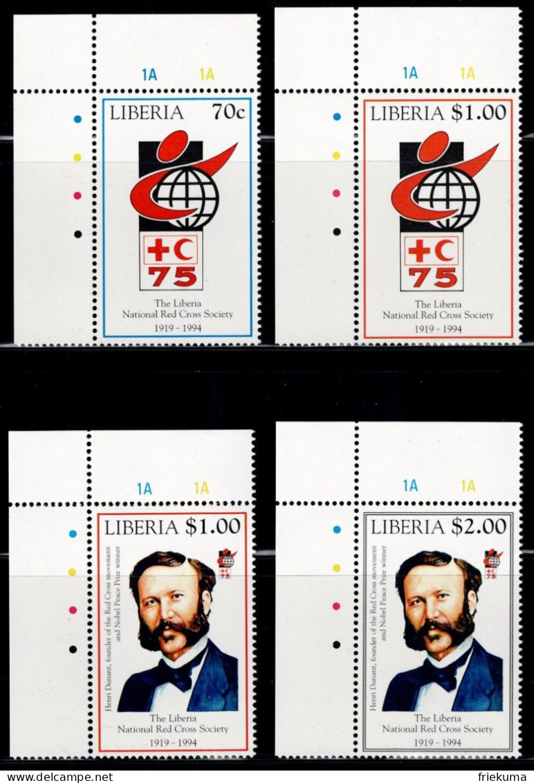 Liberia 1994, 75 Years Of The National Red Cross And Red Crescent: Anniversary Emblem, Henri Dunant, MiNr. 1610-1613 - Red Cross