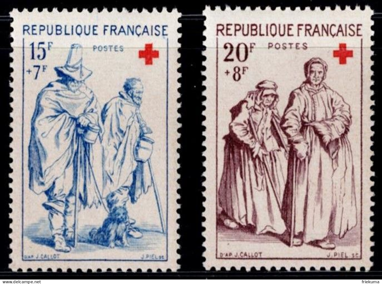 France 1957, Croix-Rouge/Red Cross: Blind Man With His Dog And Disabled Person, Beggars, MiNr. 1175-1175 - Red Cross