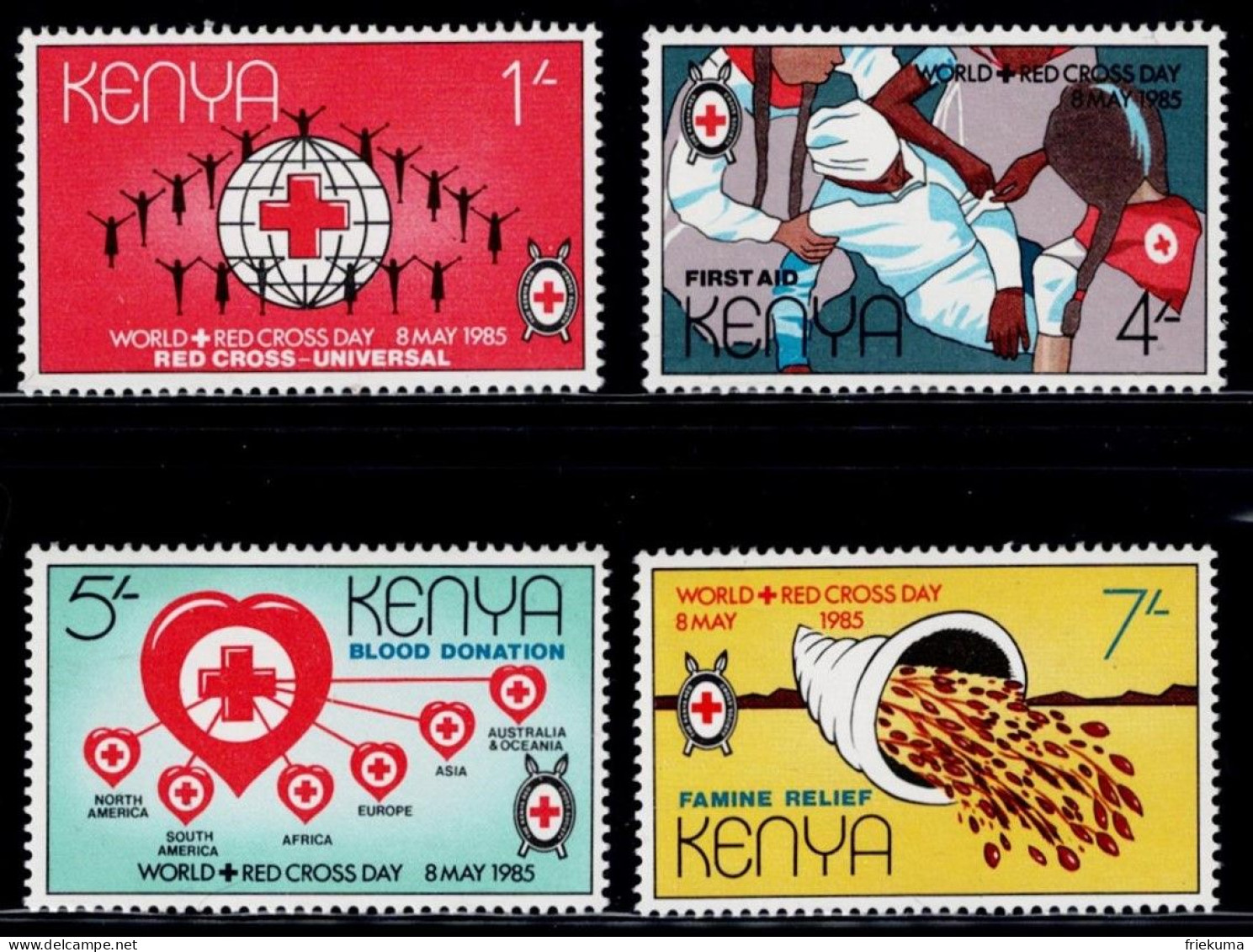 Kenya 1985, Red Cross: Globus, Red Cross, First Aid, Blood Donations, Help With Hunger, MiNr. 326-329 - Red Cross