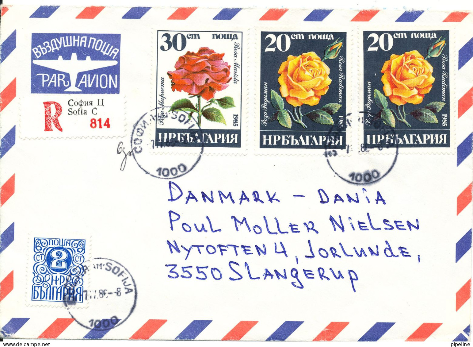 Bulgaria Registerted Air Mail Cover Sent To Denmark 7-6-1986 Topic Stamps ROSES - Airmail