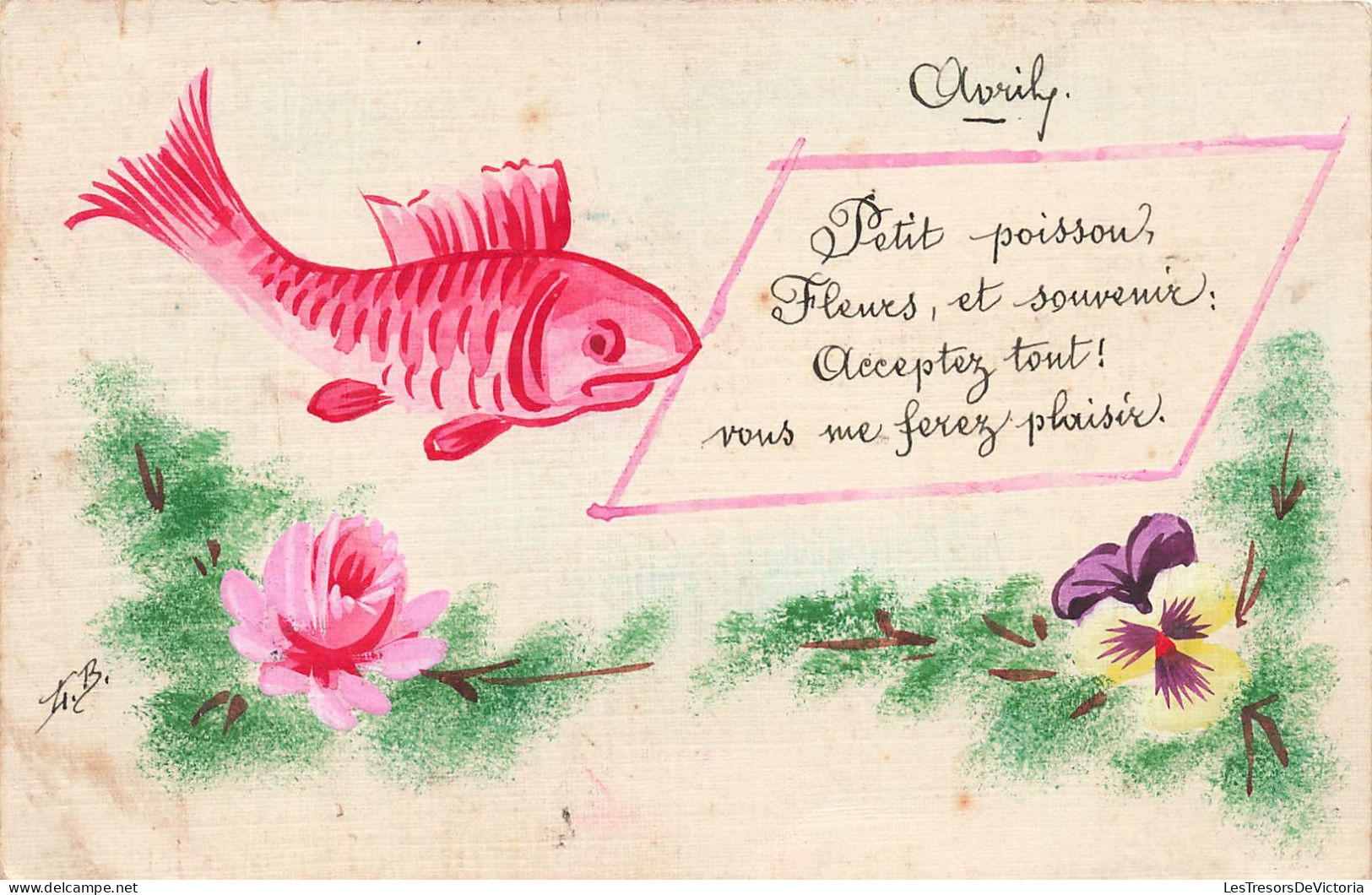 FETES ET VOEUX - 1er Avril - Petit Poisson Fleurs Et Souvenir... - Colorisé - Carte Postale Ancienne - 1° Aprile (pesce Di Aprile)