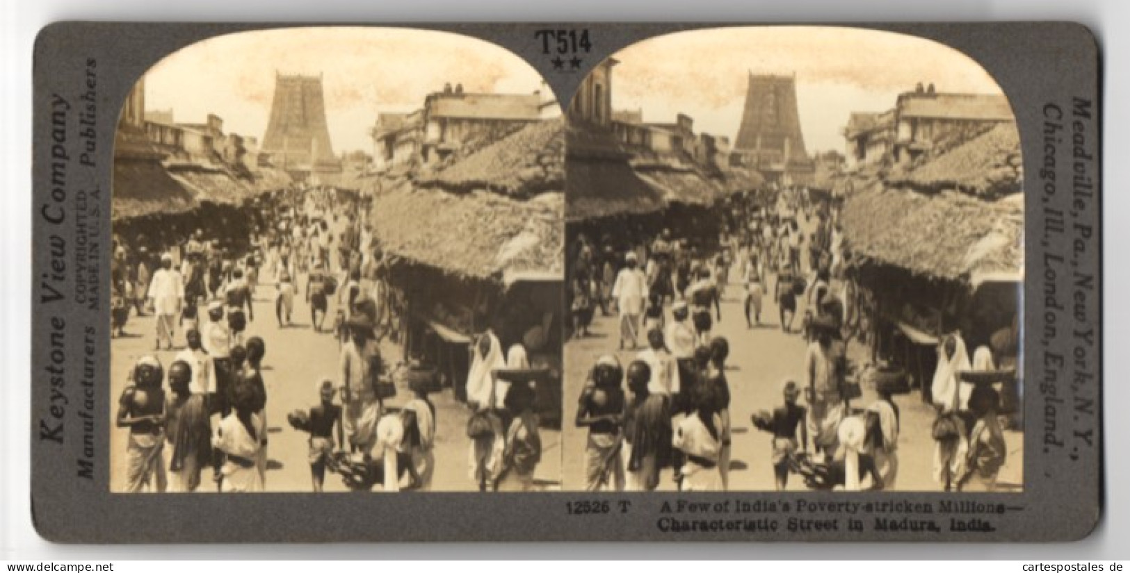 Stereo-Fotografie Keystone View Co., Meadville, Ansicht Madura, A Characteristic Street With Nativ People  - Photos Stéréoscopiques