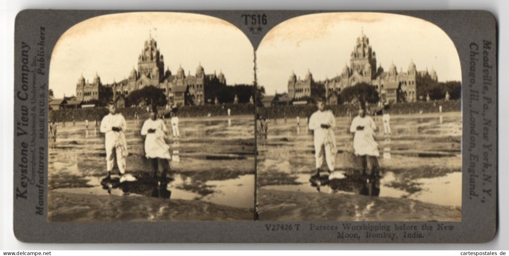 Stereo-Fotografie Keystone View Co., Meadville, Ansicht Bombay, Parsees Worshipping Befor The New Moon  - Photos Stéréoscopiques