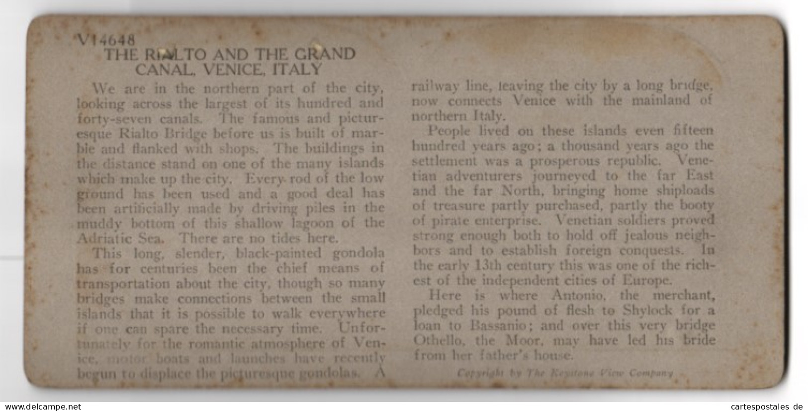 Stereo-Foto Keystone View Co., Meadville, Ansicht Venice, The Rialot And The Grand Canal  - Photos Stéréoscopiques