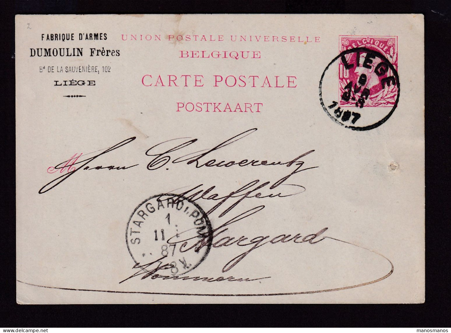 876/40 - ARMURERIE LIEGEOISE - Entier Postal LIEGE 1887 Vers STARGARD - RARE Repiquage Fabrique D' Armes Dumoulin Frères - Fabriken Und Industrien