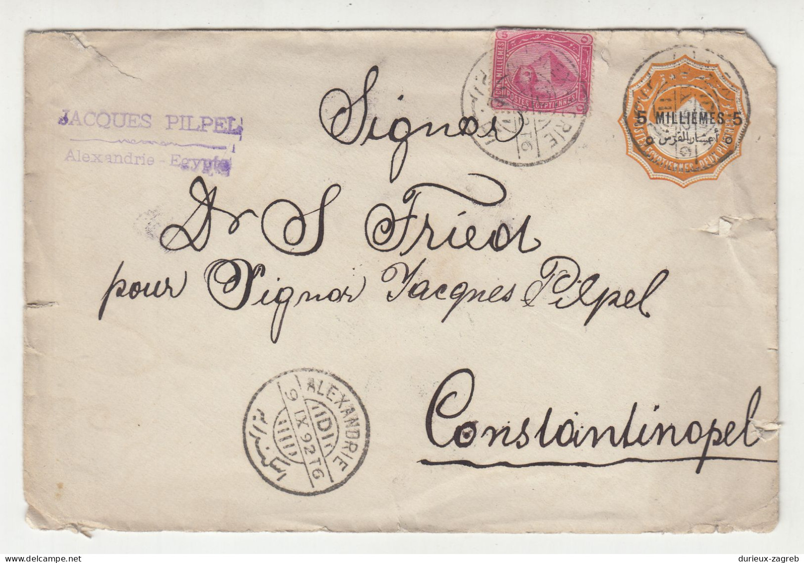 Egypt Old Overprinted Postal Stationery Letter Cover Posted 1892 Alexandrie To Constantinopel B240401 - 1866-1914 Khedivaat Egypte