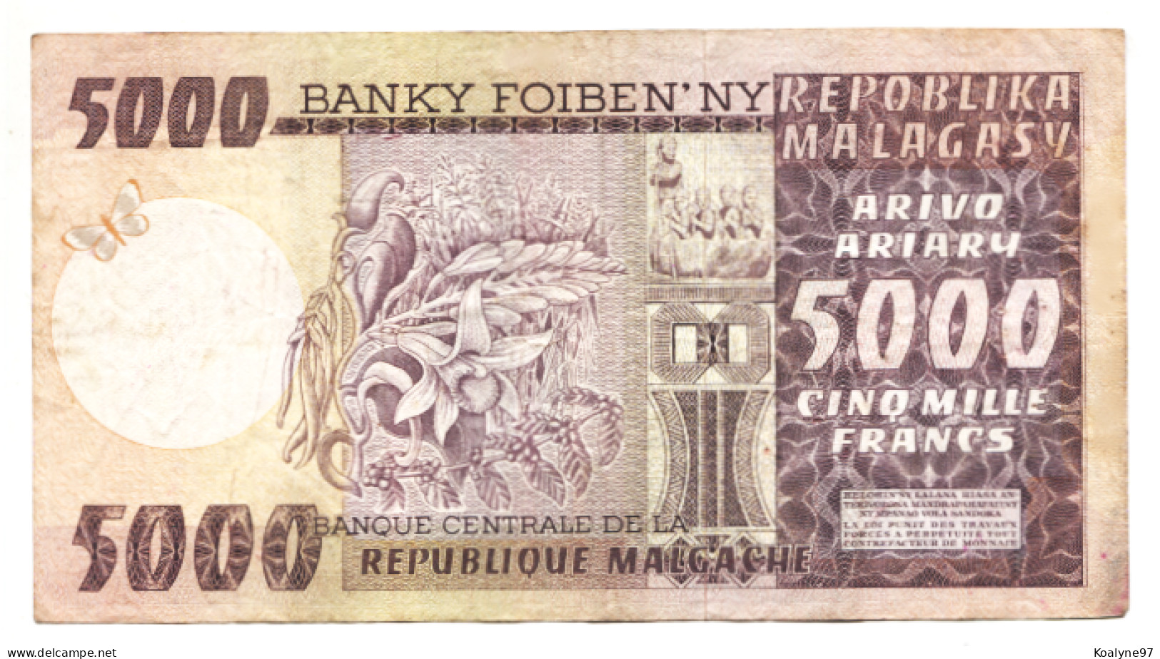 Depuis La REUNION : Grosse Coupure / Madagascar 5000 Francs On 1000 Ariary  (1974-1975) - Madagaskar