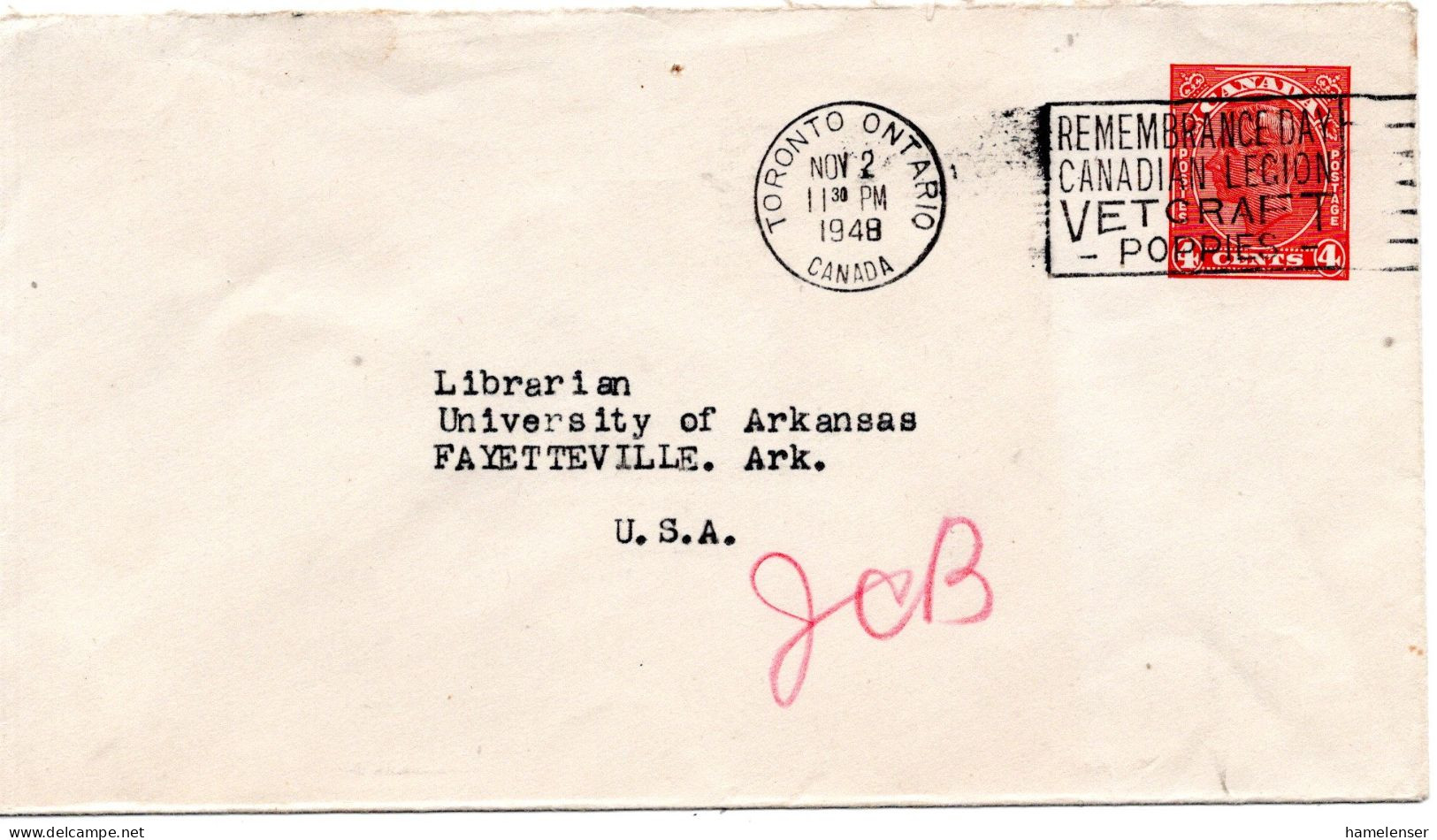 77173 - Canada - 1949 - 4¢ KGVI GAU TORONTO - REMEMBRANCE DAY ... -> Fayetteville, AR (USA) - Briefe U. Dokumente