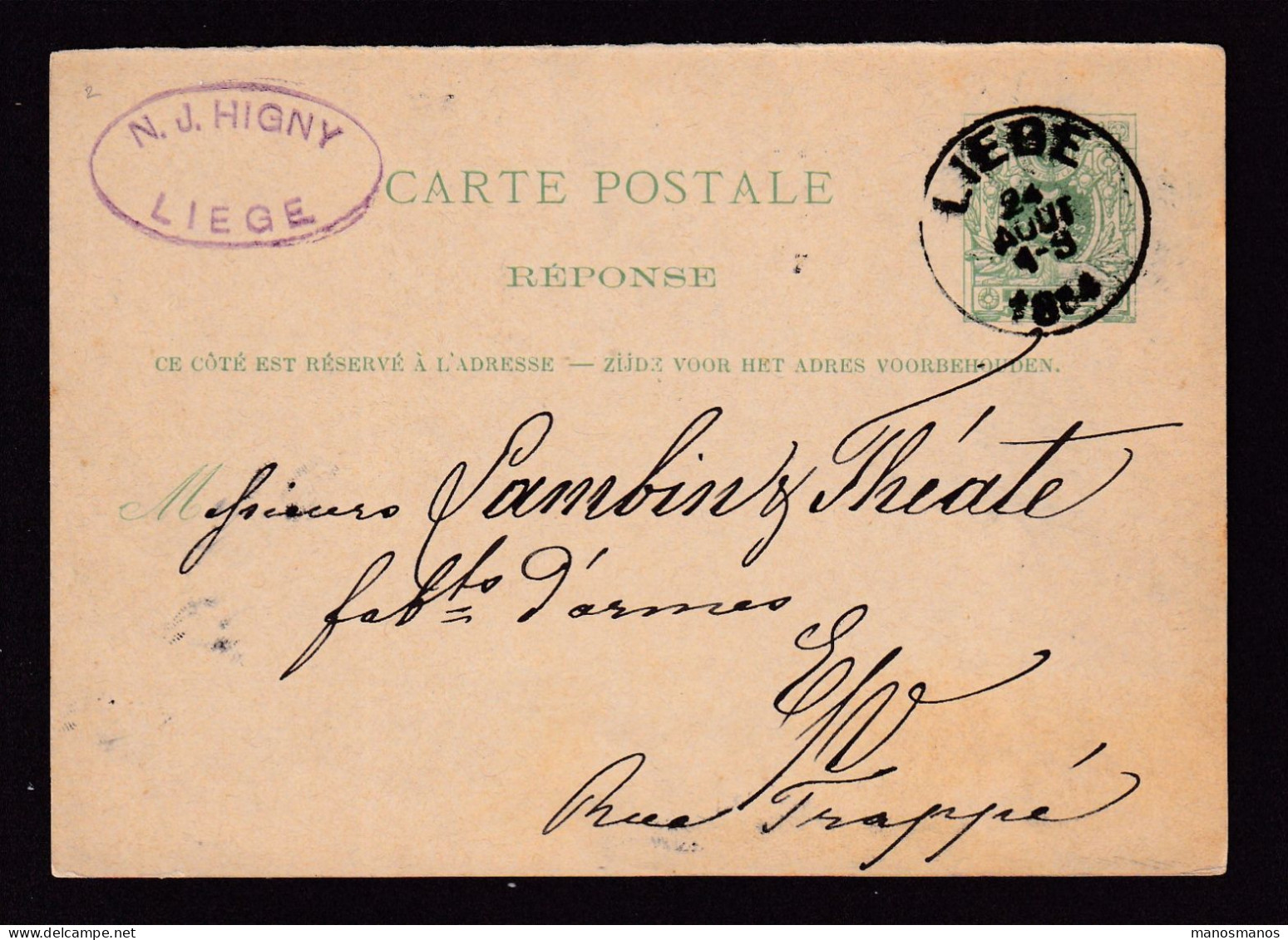 877/40 - ARMURERIE LIEGEOISE - Entier Postal Réponse LIEGE 1884 Vers Fabrique D' Armes Lambin § Theate - Cachet Higny - Fabriken Und Industrien