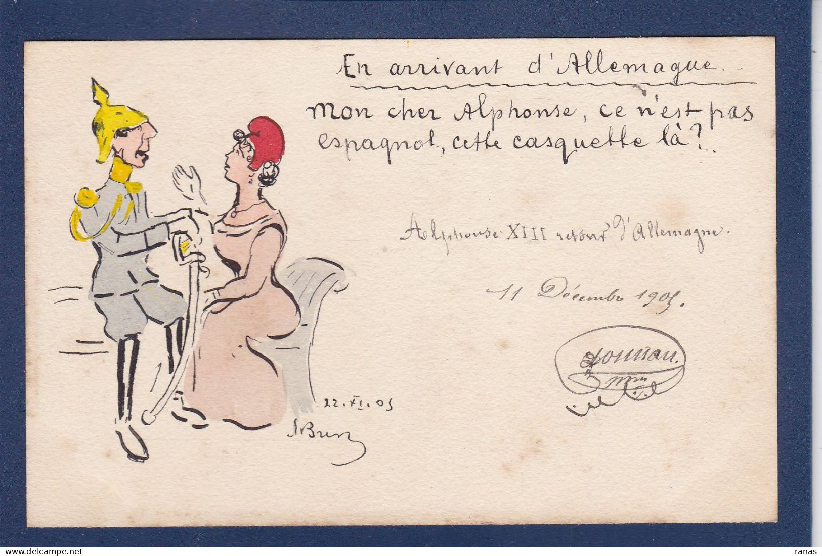 CPA Bursky Stanislas Satirique Caricature Dessin Original Fait Main Par Bursky Circulé Espagne Alphonse XIII - Andere & Zonder Classificatie